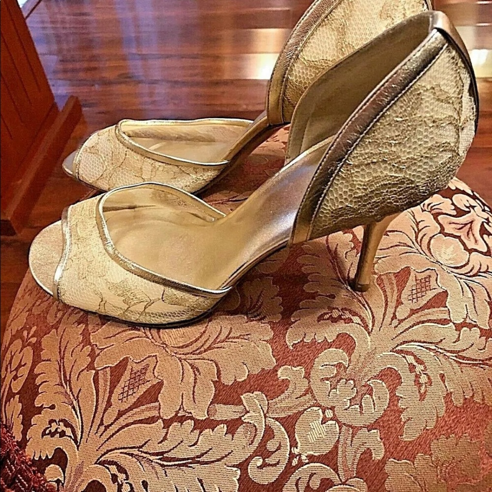 Stuart Weitzman Gold Metallic Open Toe Pumps 10 M - image 6